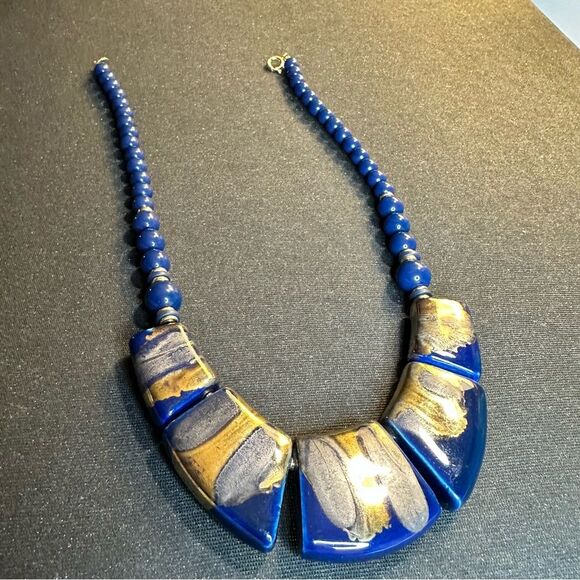 Vintage Jewelry - Vintage Blue Ceramic Statement Necklace Gold Glazed Art Pottery Beaded Necklace